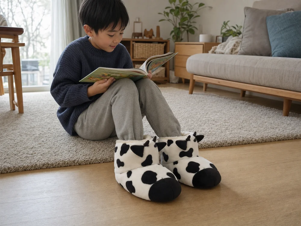 冬のリビングで牛柄ルームシューズを履いて絵本を読む子ども