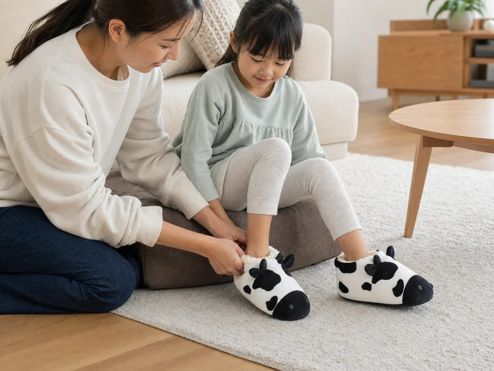 大人が子どもの牛柄ルームシューズの足首まわりを整える様子