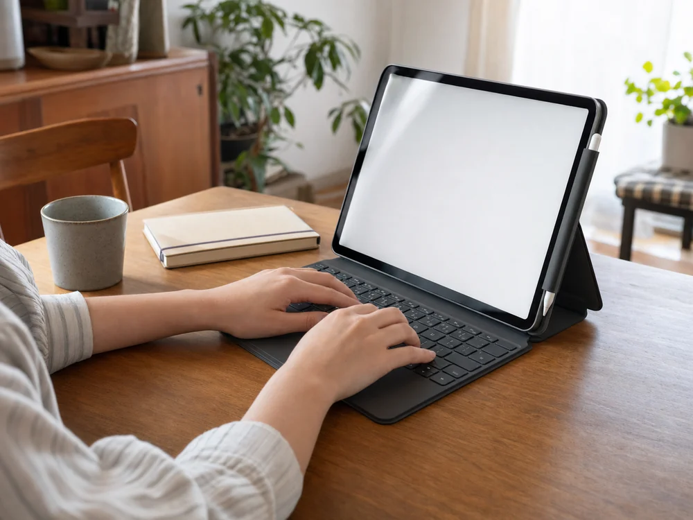 ダイニングテーブルでキーボードケースを開きiPadに入力する様子