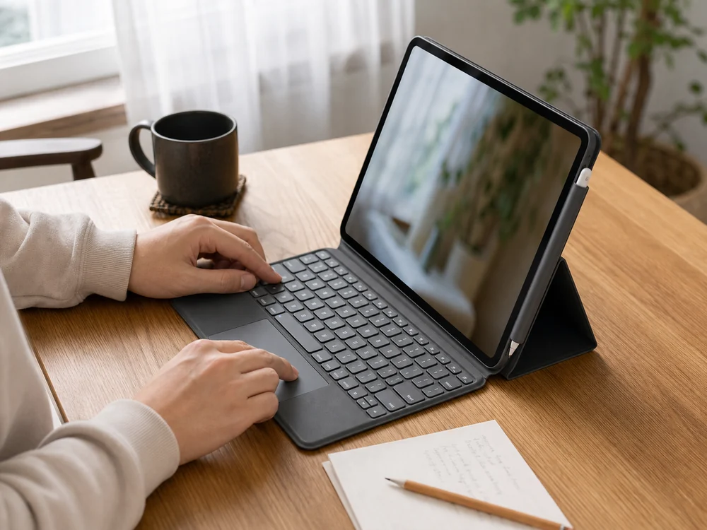 磁気スタンドで横置きしたiPadと大型タッチパッドを操作する手元