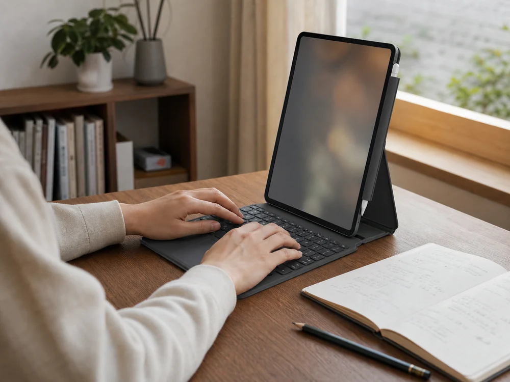 学習机でiPadを縦置きしノートを見ながらキーボード入力する様子
