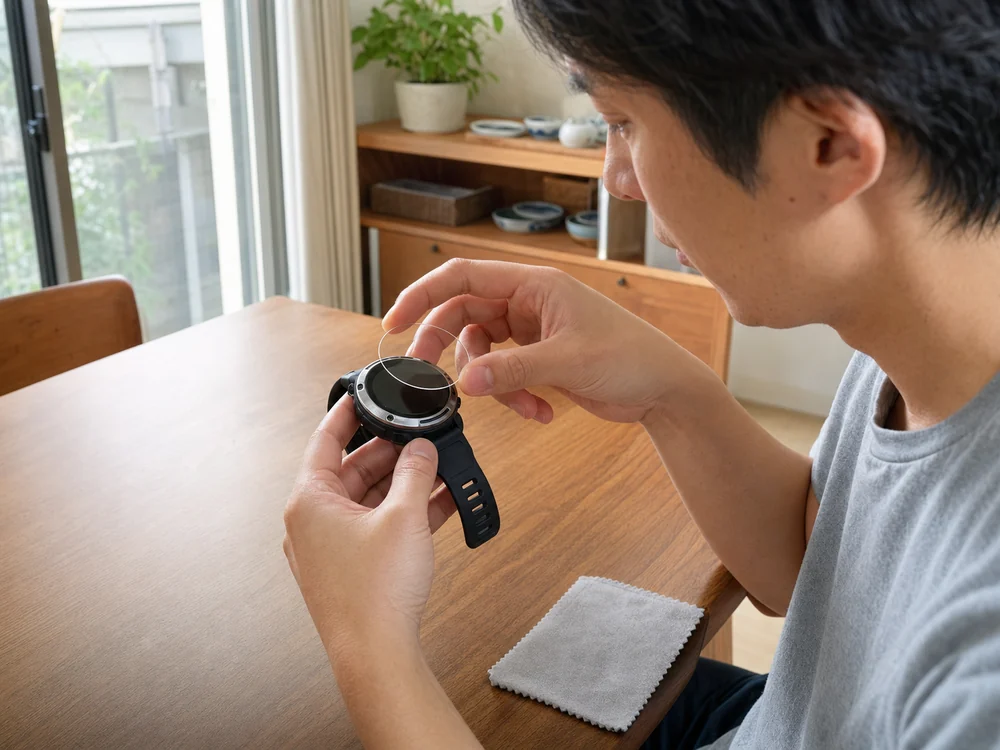 丸型スマートウォッチに透明ガラスを位置合わせする様子