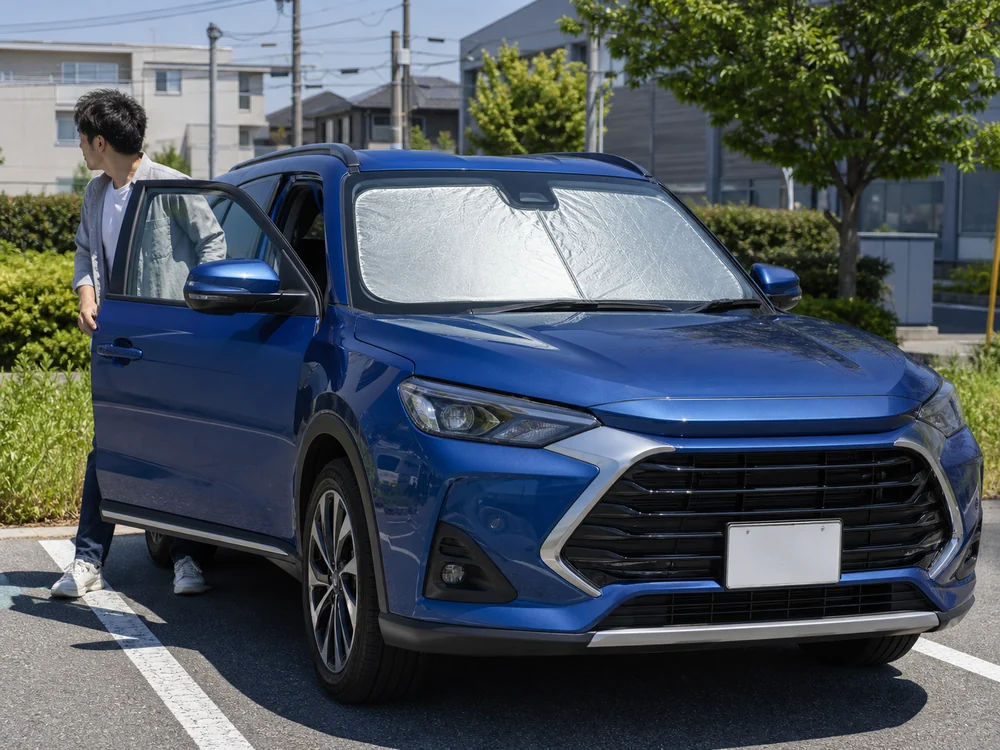屋外駐車中のクロスオーバーSUVでフロントガラスに銀色サンシェードを設置した様子