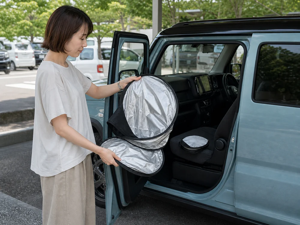 タフトの横でサンシェードを折りたたみ収納する様子