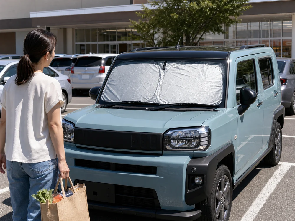 夏の駐車場でタフトのフロントガラスにサンシェードを装着した様子