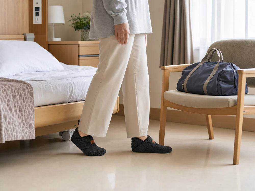 病室のベッド脇で黒いかかと付きルームシューズを履く様子