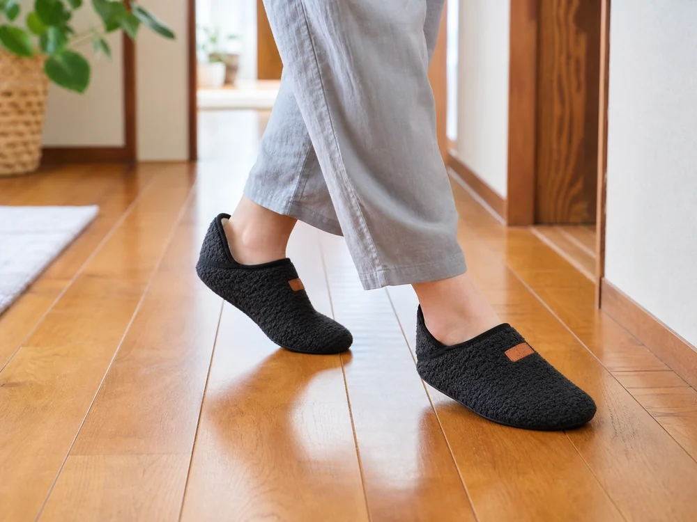 木製廊下で黒いかかと付きルームシューズを履いて歩く様子