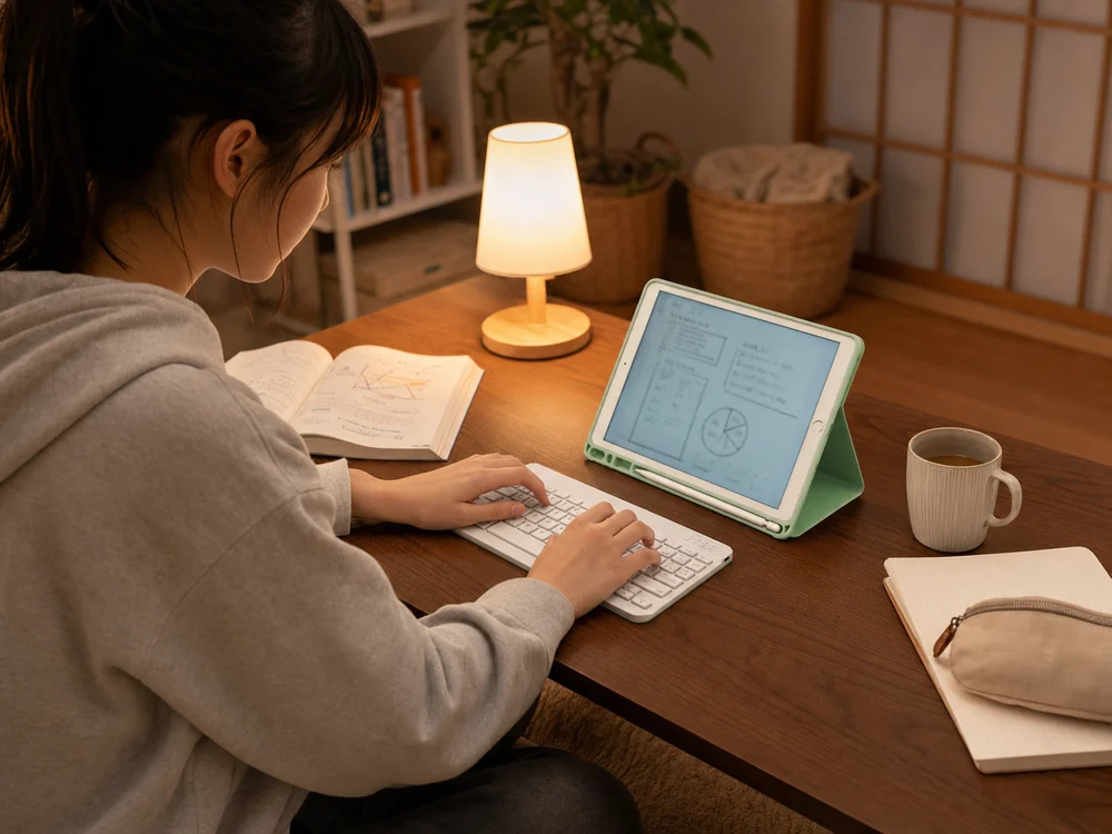 自宅学習でライトグリーンのiPadキーボードケースを使う様子