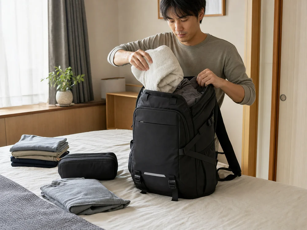 旅行前の寝室で黒い大容量リュックにタオルと衣類を詰める男性