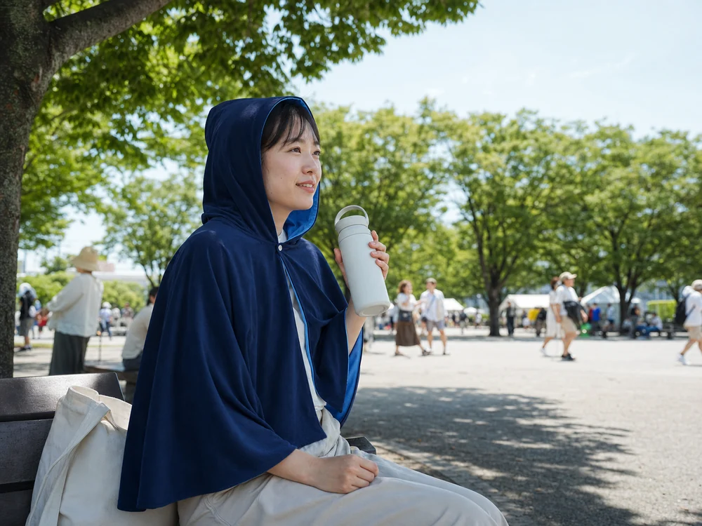 屋外イベントの木陰で濃紺の冷感ポンチョを羽織り休憩する女性