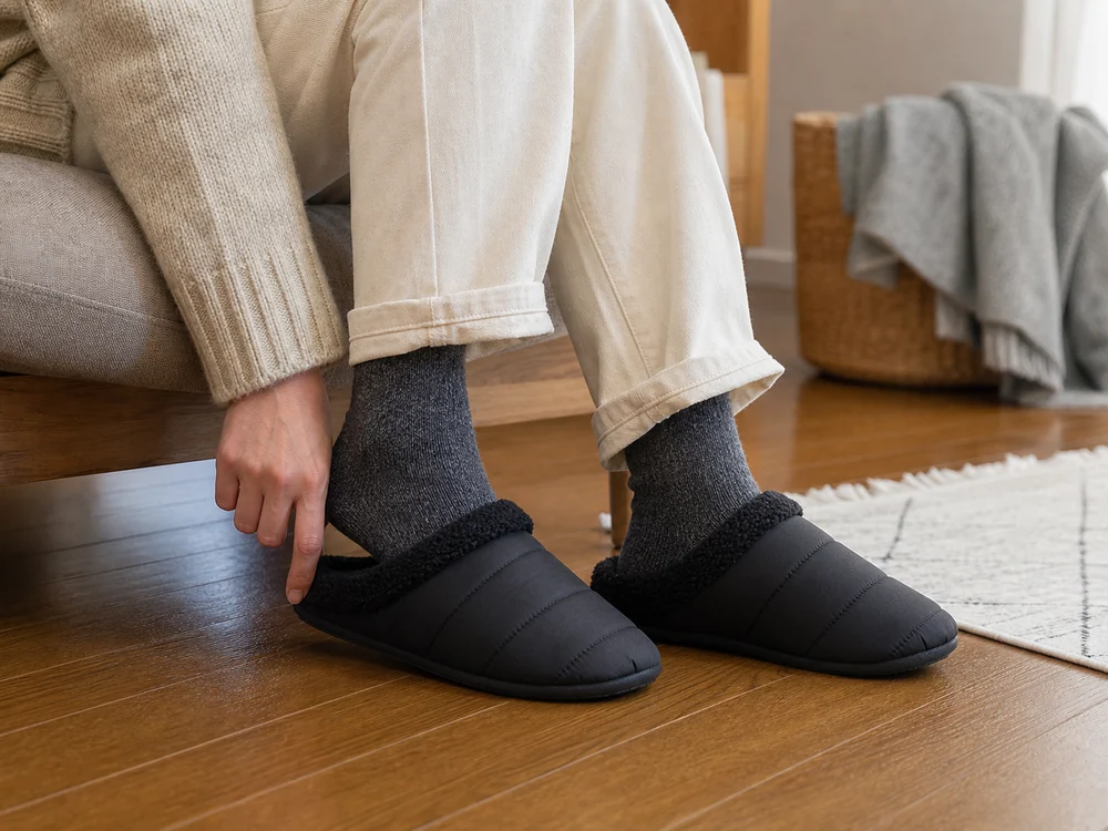 厚手の靴下で黒いボアルームシューズの履き心地を確かめる様子
