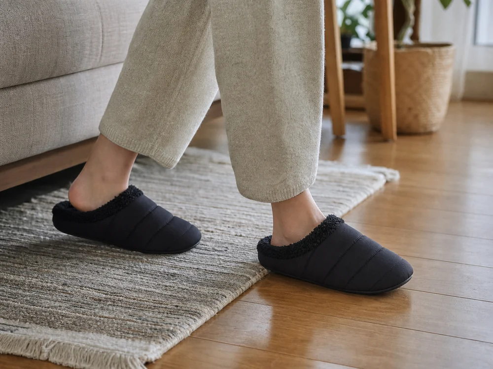冬のフローリングで黒いボアルームシューズを履く足元