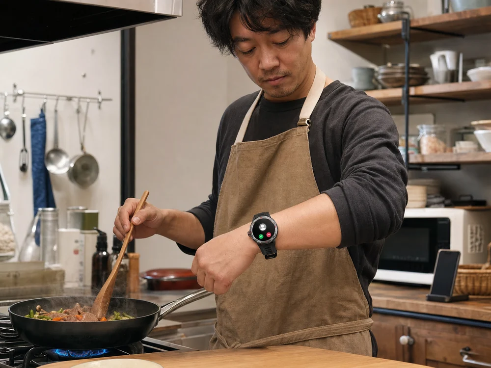 料理中に丸型スマートウォッチの着信表示を確認する男性