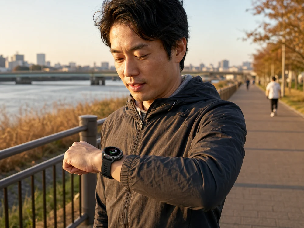 河川敷のウォーキング後に丸型スマートウォッチの運動記録を確認する男性