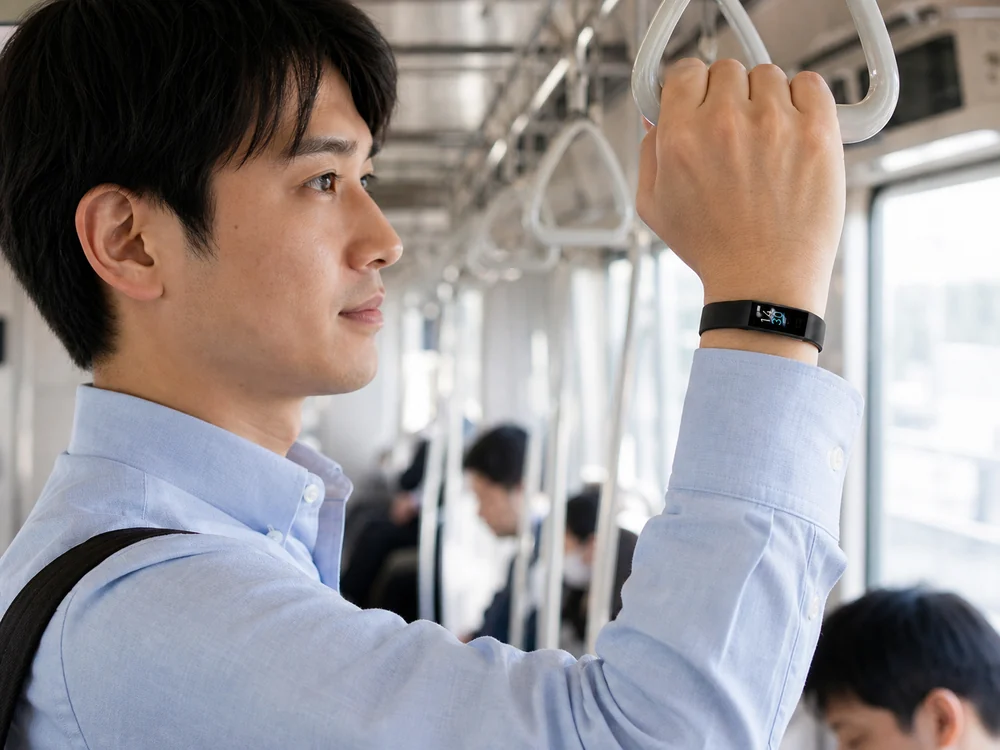 通勤電車でシャツの袖口から見える細身の黒いS5スマートバンド