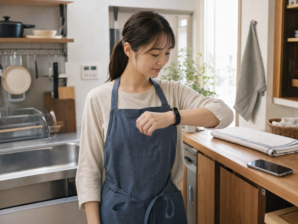 家事の途中に黒いS5スマートバンドで通知を確認する様子