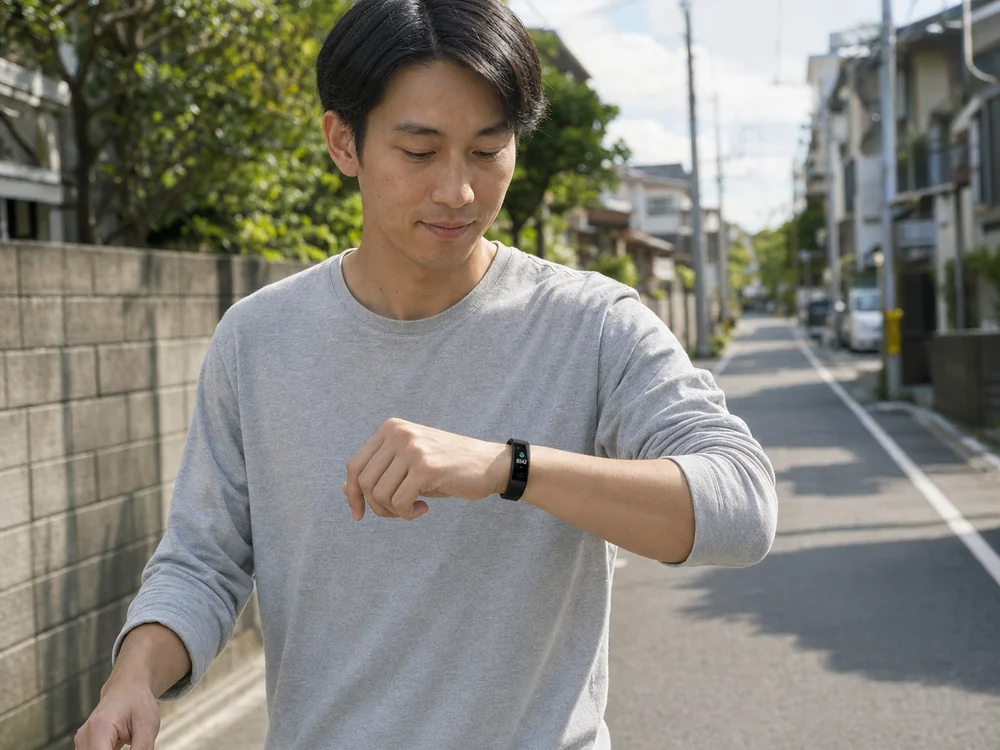 朝の散歩中に黒いS5スマートバンドで歩数を確認する手元