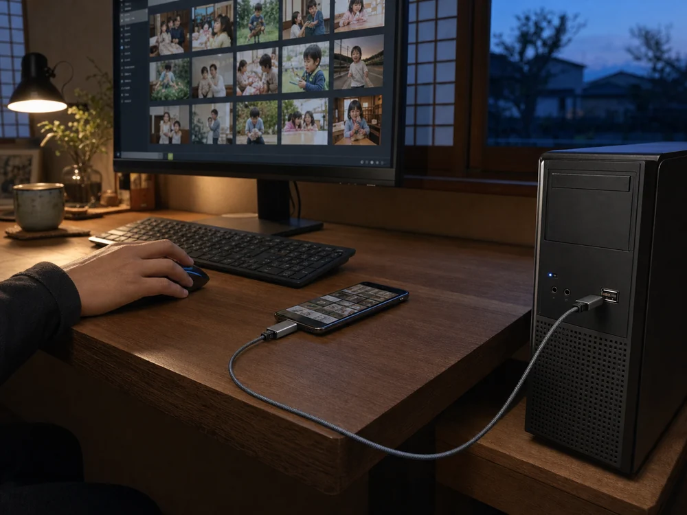 USB-A搭載パソコンとUSB-Cスマートフォンをケーブルでつないで写真を整理する様子