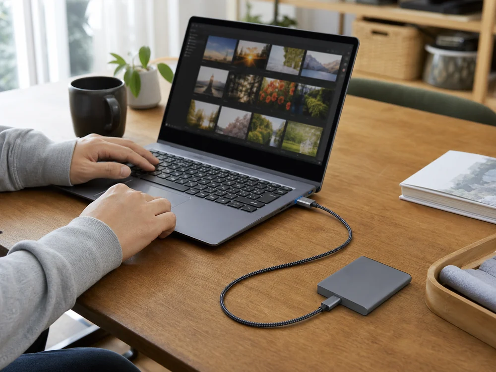 ノートPCとポータブルSSDをグレーのUSB-A to USB-Cケーブルで接続する様子