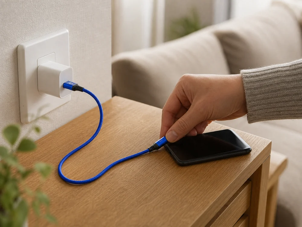 USB-A充電器につないだ青いSweguardケーブルをスマートフォンへ挿す様子