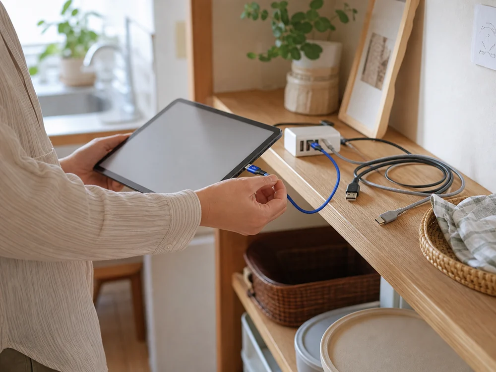 家庭の充電棚で青い編み込みケーブルを選びタブレットへつなぐ様子