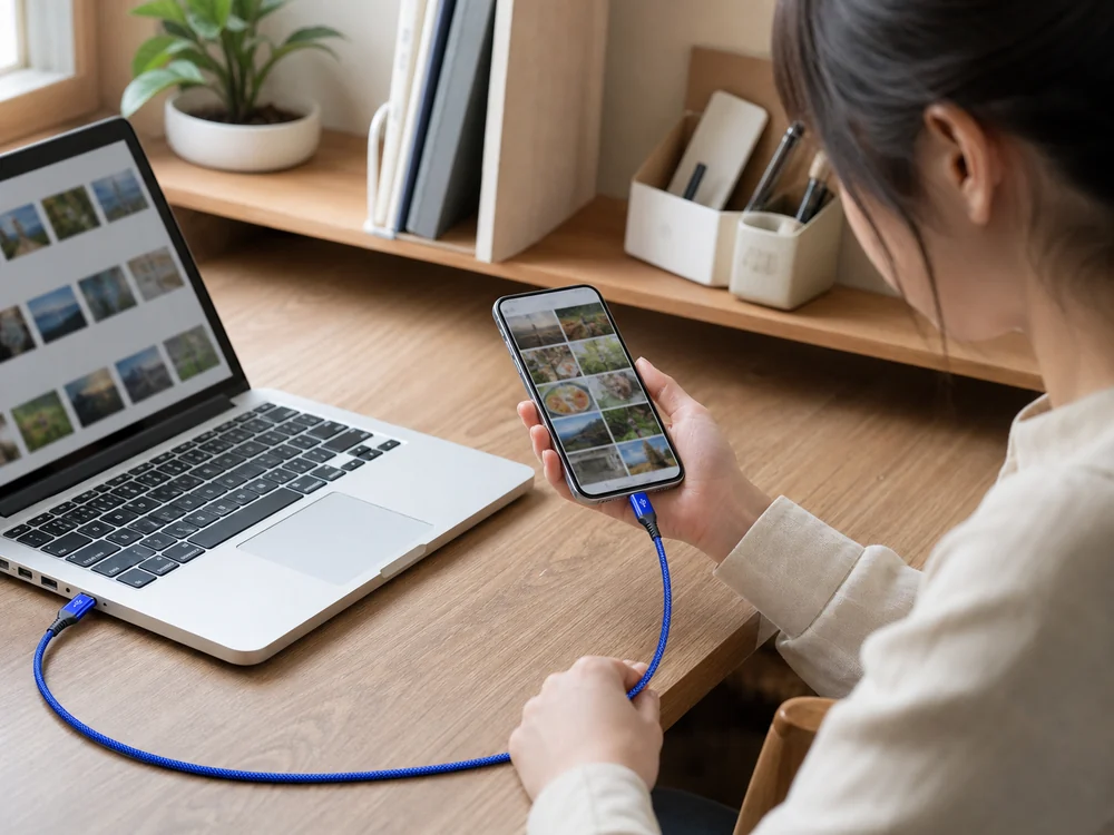 青いUSB-A to USB-Cケーブルでスマートフォンの写真をノートパソコンへ移す様子