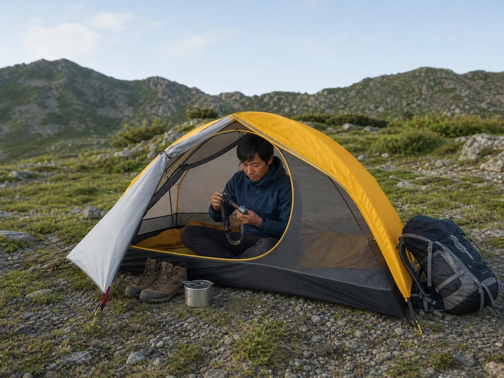メッシュを開けた黄色い山岳テントの前室に登山靴とクッカーを置く様子