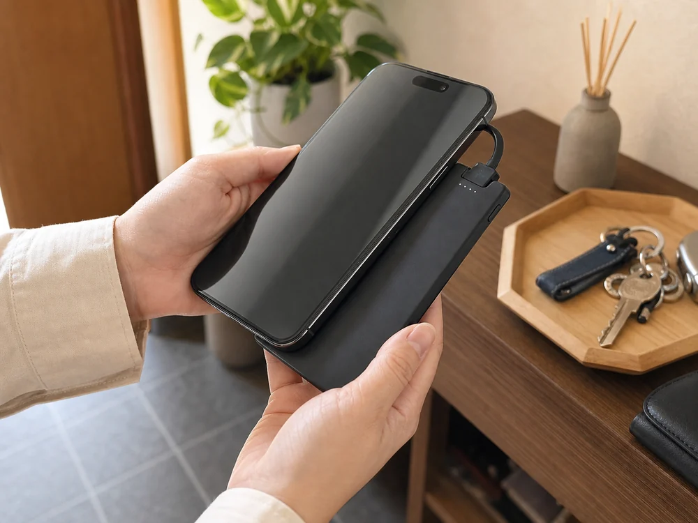 スマホに重ねて薄さとType-C内蔵ケーブルの位置がわかるモバイルバッテリー