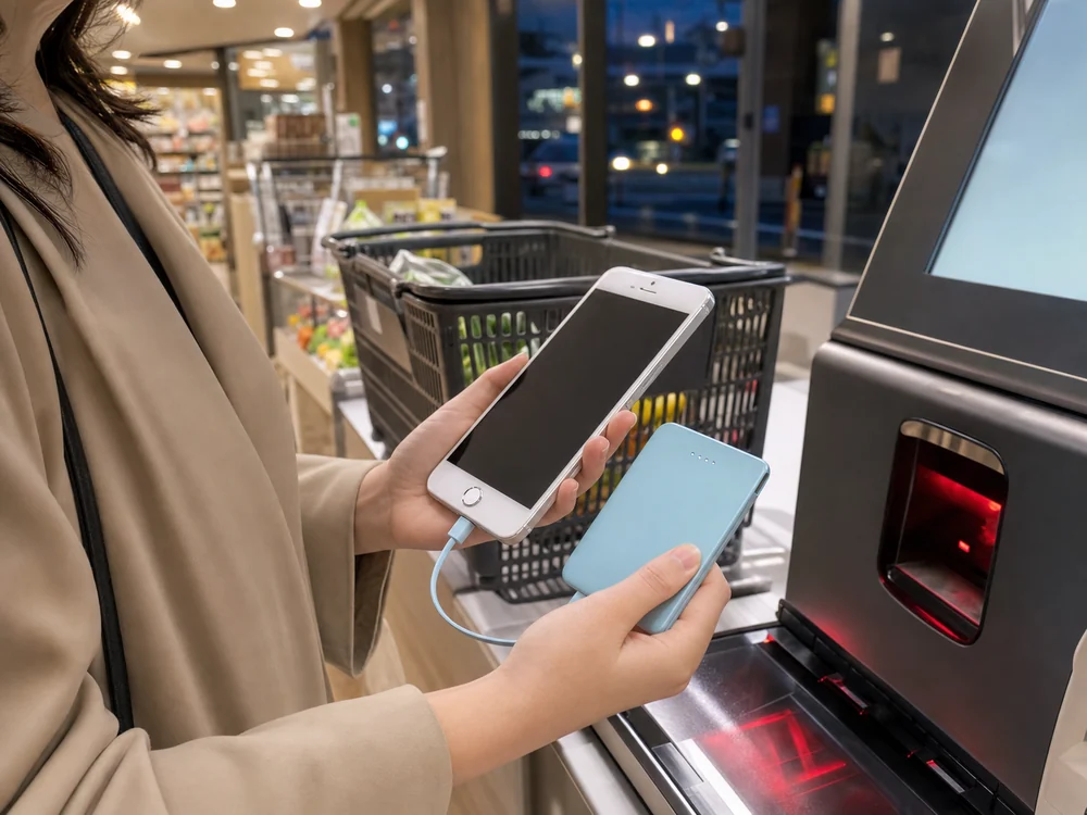 食料品店の会計前にiPhoneを薄型バッテリーで補助充電する様子
