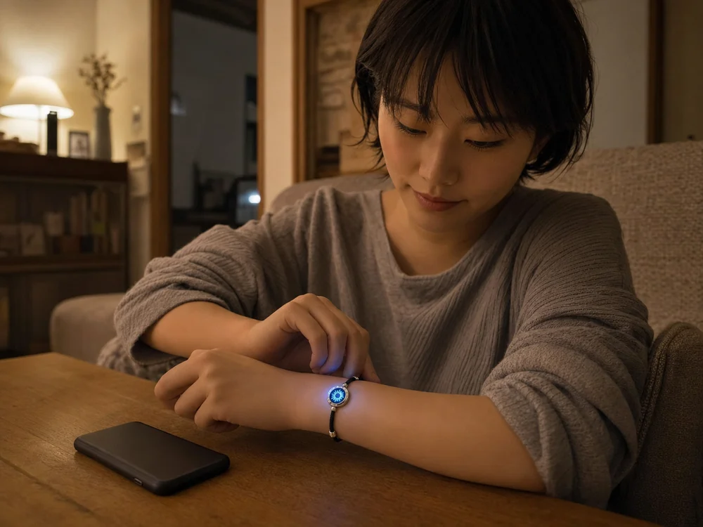 夜の部屋で青く光る太陽モチーフのタッチブレスレットを身につけた手元