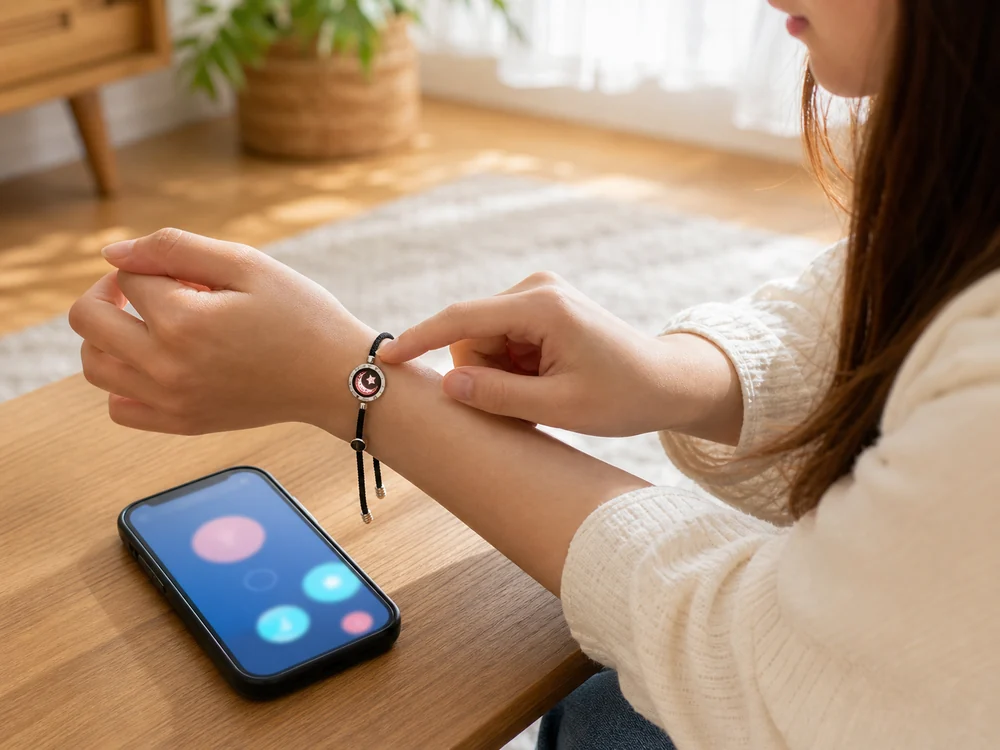 スマホのそばで月モチーフのタッチブレスレットに触れる手元