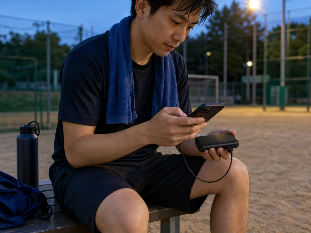 夕方のスポーツ練習後に黒いモバイルバッテリーからスマホを充電する様子