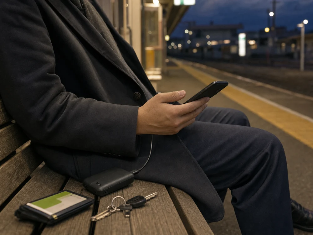 夕方の駅ホームで黒いモバイルバッテリーからスマホへ充電する通勤者