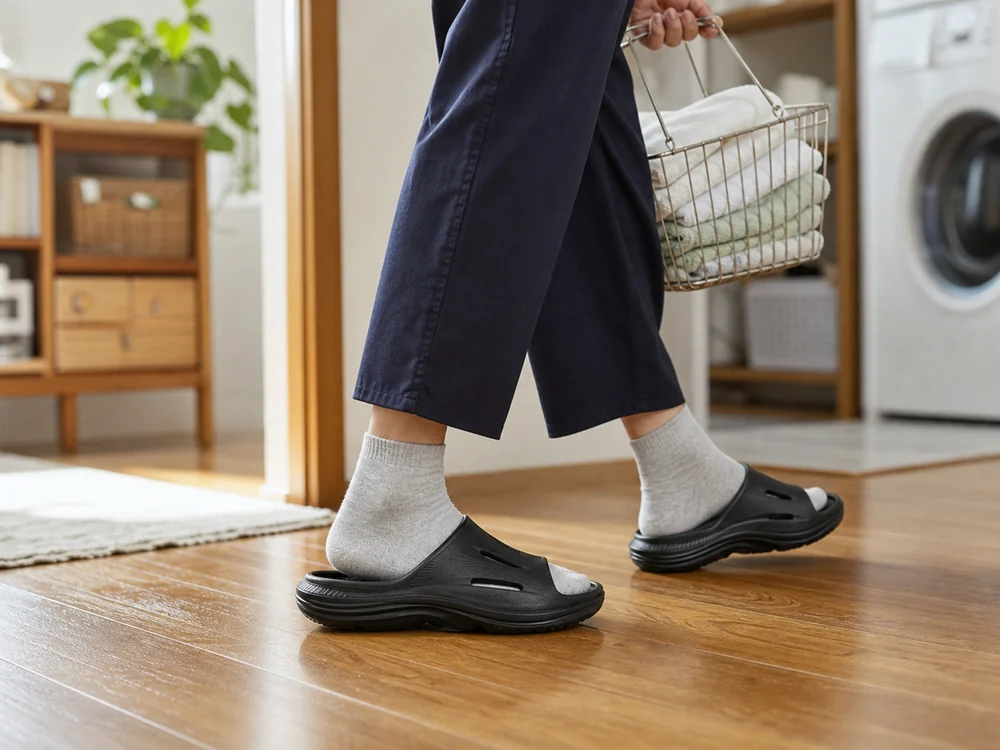 靴下のまま黒いリカバリーサンダルを履いて室内を歩く様子