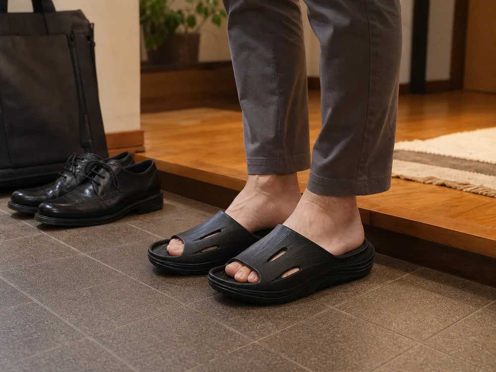 帰宅後に玄関で黒いリカバリーサンダルへ履き替える足元