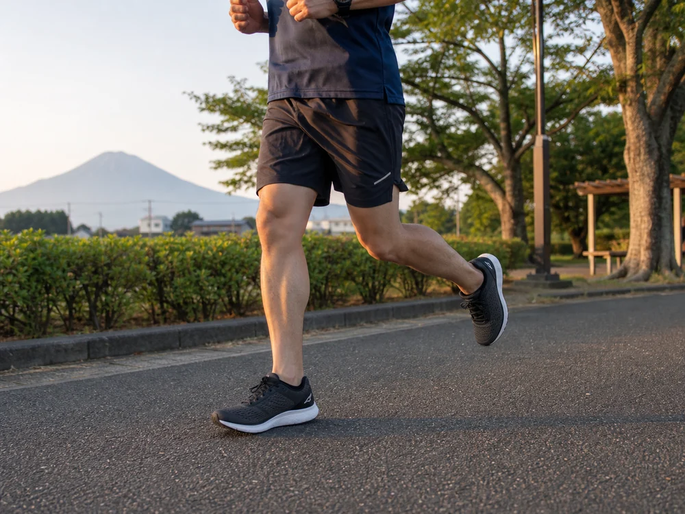 朝の公園の舗装路を黒と白のランニングシューズで軽く走る男性