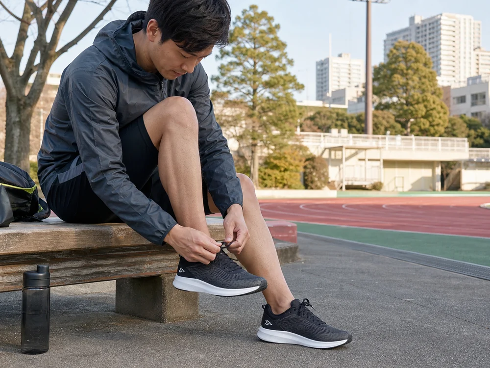 陸上トラック脇で黒と白のランニングシューズの靴ひもを調整する男性