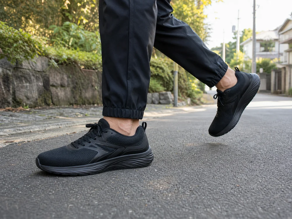 朝の舗装路をオールブラックの幅広ランニングシューズで走る男性の足元