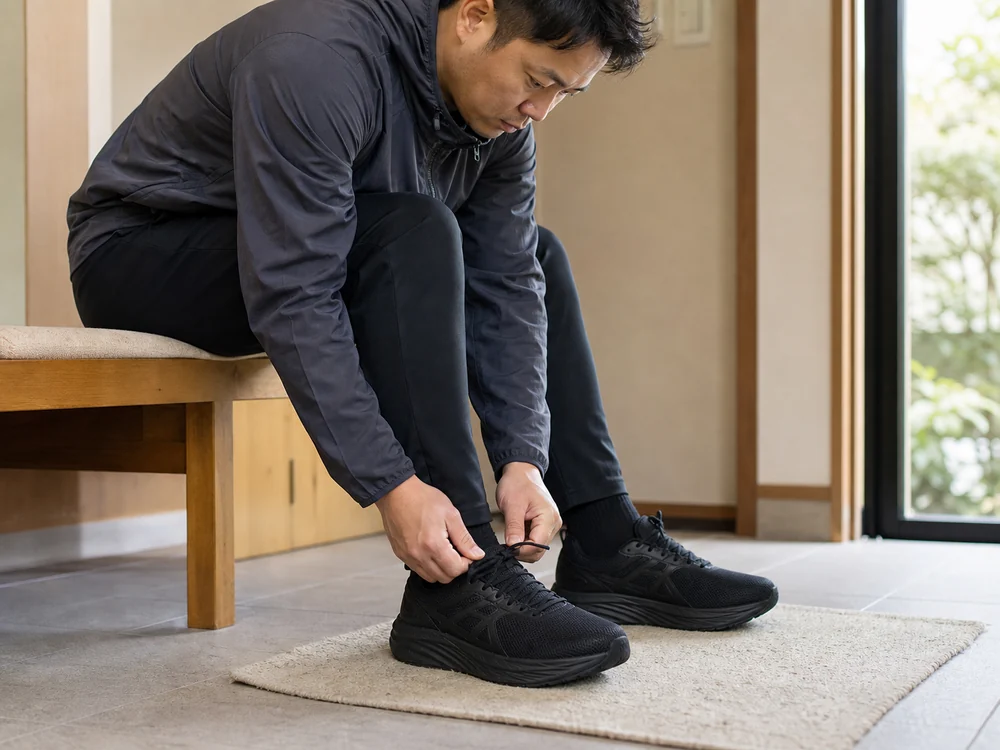 玄関でオールブラックの幅広ランニングシューズのひもを結ぶ男性