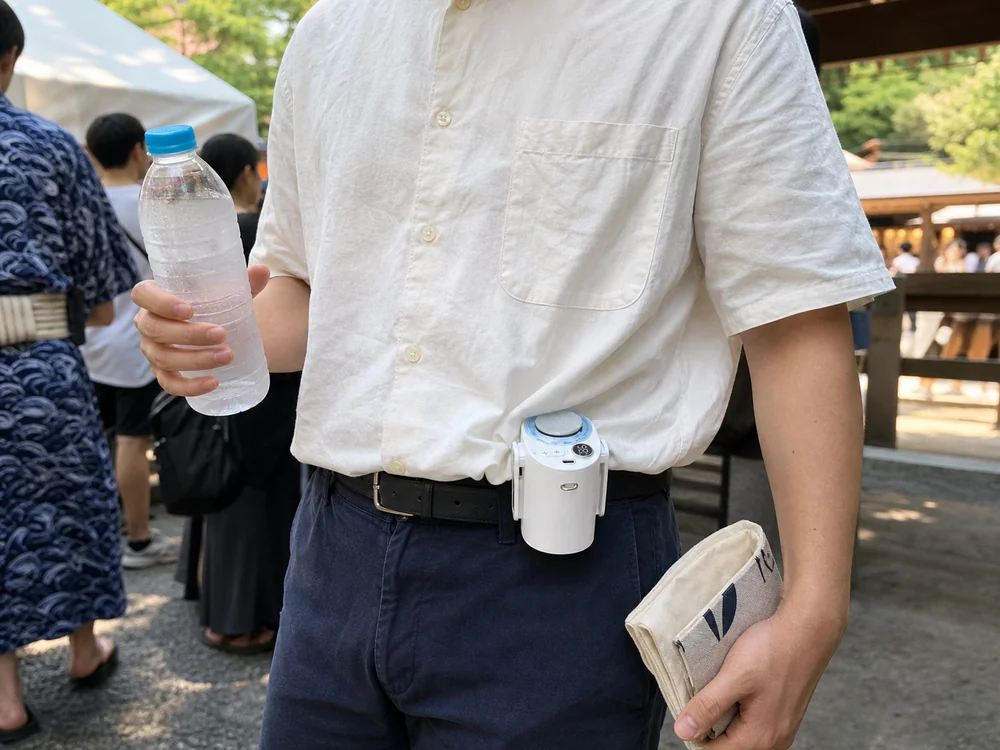 屋外イベントで白い冷却プレート付き腰掛けファンをベルトに装着する様子