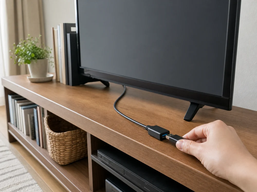 テレビ背面のUSBポートを延長し、手元でUSBメモリを挿す様子