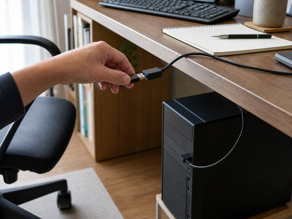 デスク下のPCからUSB延長ケーブルを机上へ引き、USBメモリを挿す様子