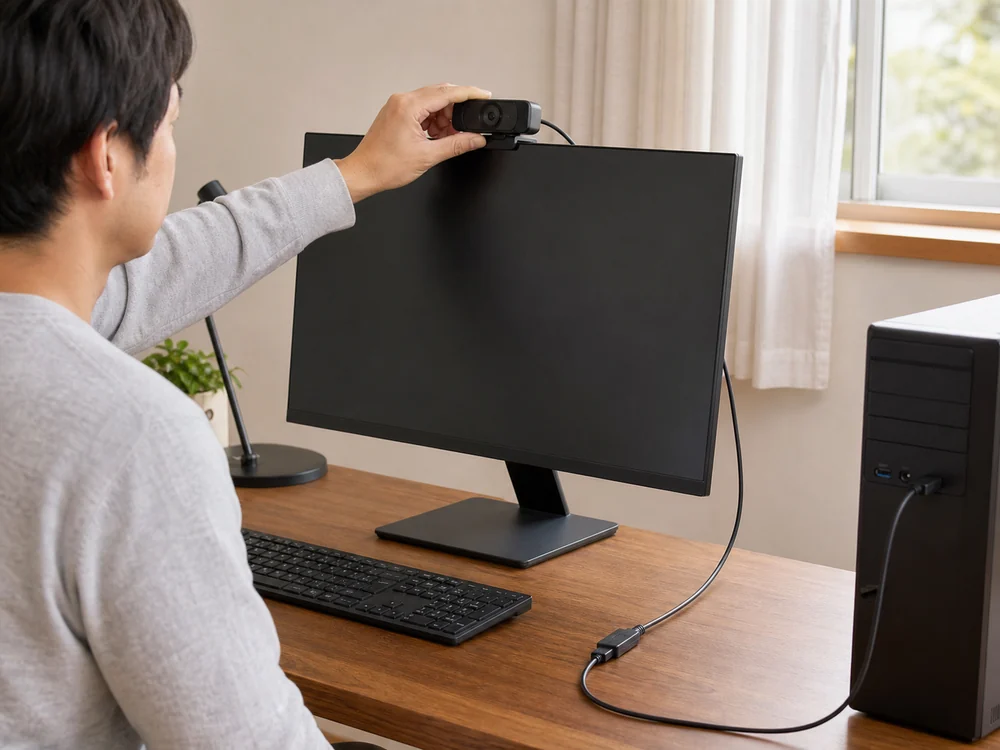 モニター上のWebカメラをUSB延長ケーブルで接続し、位置を調整する様子