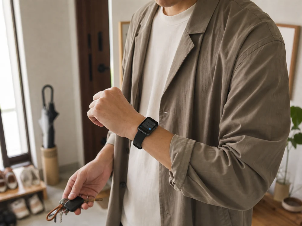 出かける前に黒いスマートバンドの通知を確認する様子