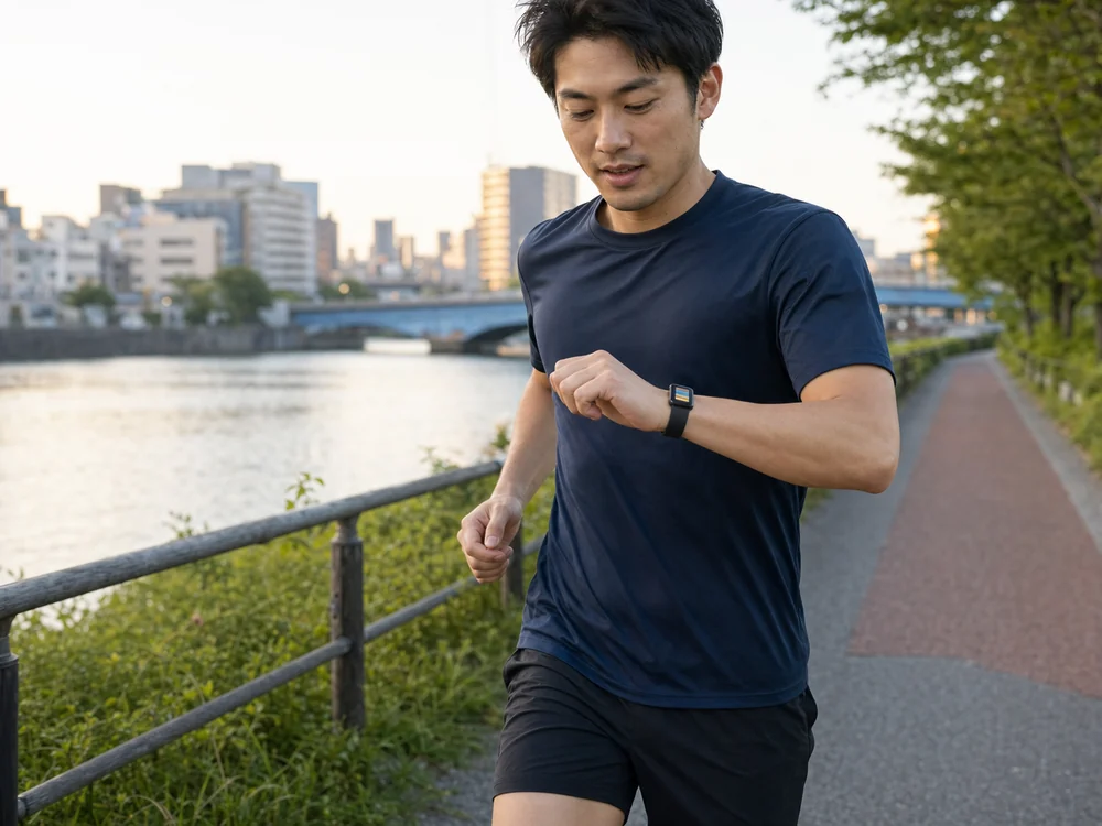 河川敷のランニング中に黒いスマートバンドで運動記録を確認する様子