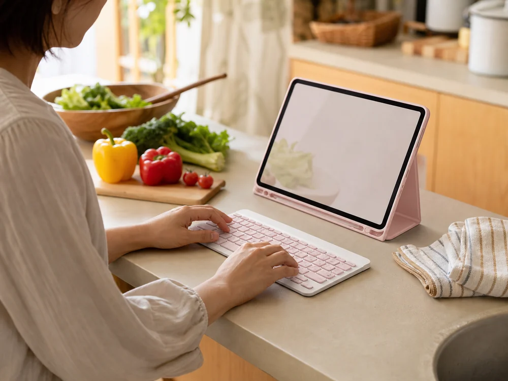 キッチンでケースから離したピンクのキーボードを使いメモを入力する様子