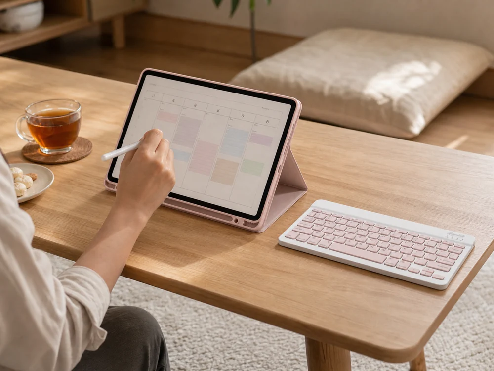 リビングでキーボードを外しタブレットへペン入力する様子