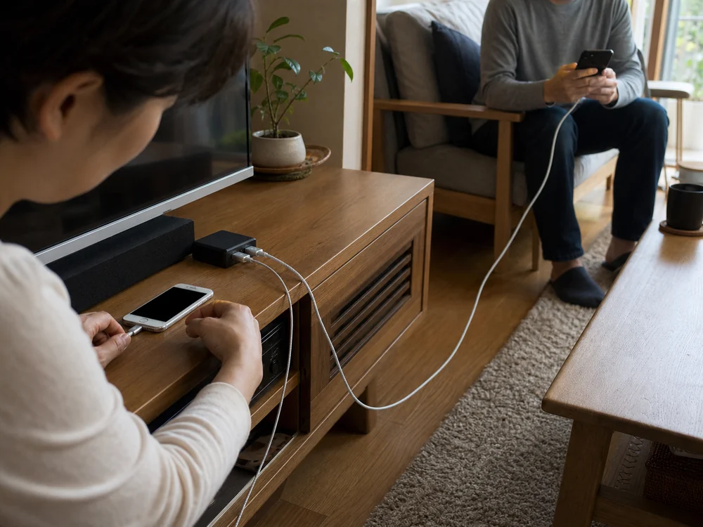 充電場所に合わせて1mと2mの銀色ライトニングケーブルを使い分ける様子