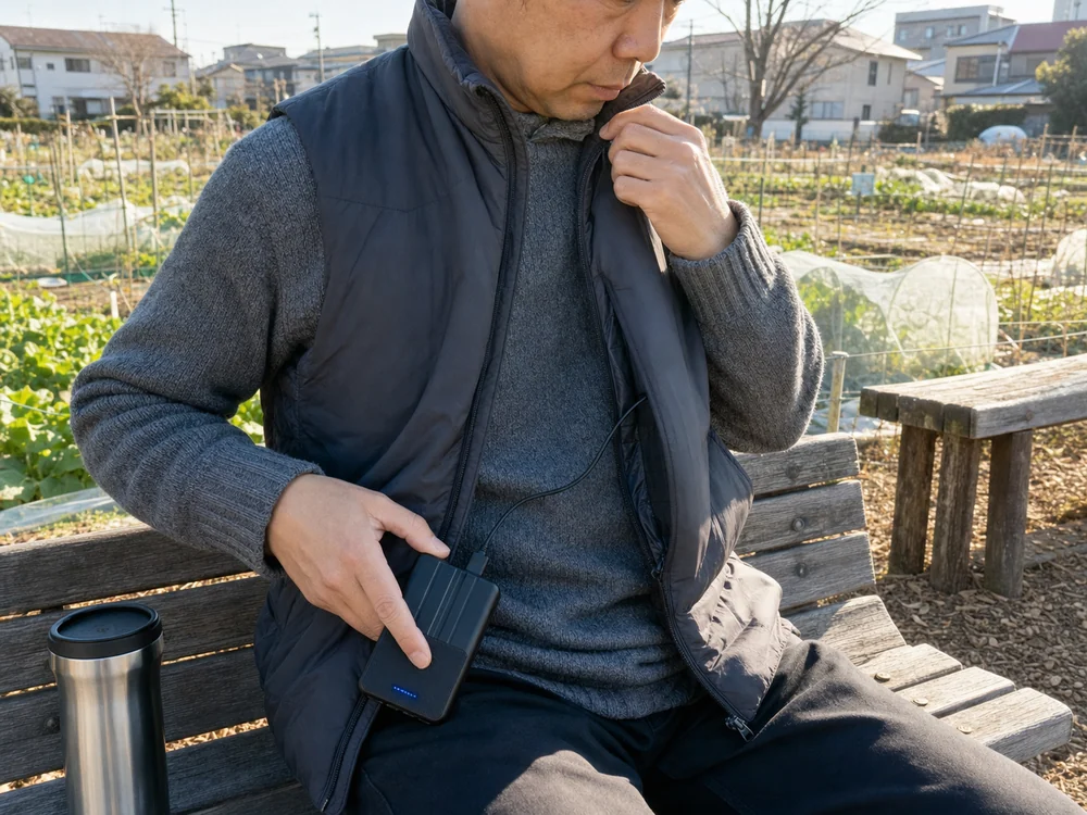 冬の菜園のベンチで電熱ベストに黒いモバイルバッテリーを接続する様子
