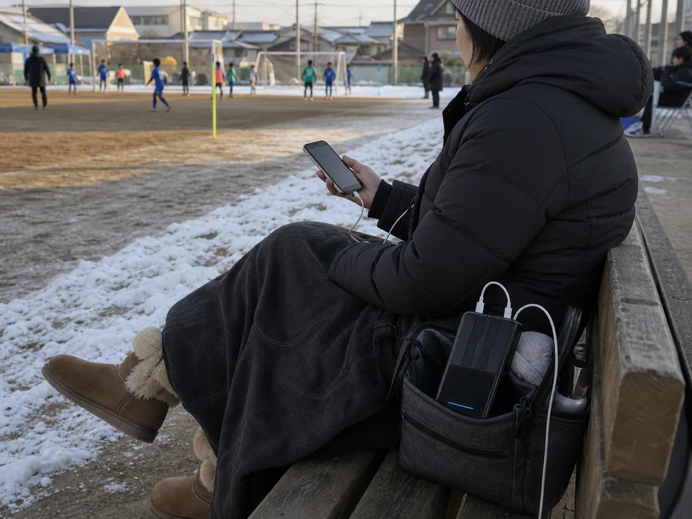 冬のスポーツ観戦で電熱ブランケットとスマホへ給電する黒いモバイルバッテリー